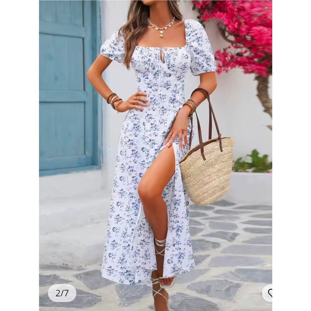 Women Floral Maxi Dress Square Neck Puff Sleeve High Slit Dress XL